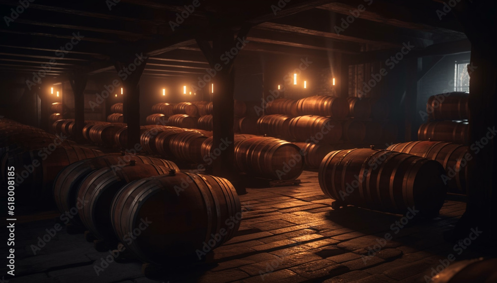 Old winery stores large barrels of aged wine in basement generated by AI