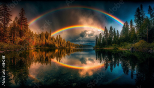 A majestic mountain range reflects a vibrant rainbow spectrum generated by AI © Jemastock
