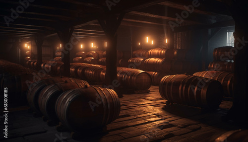 Old winery stores large barrels of aged wine in basement generated by AI