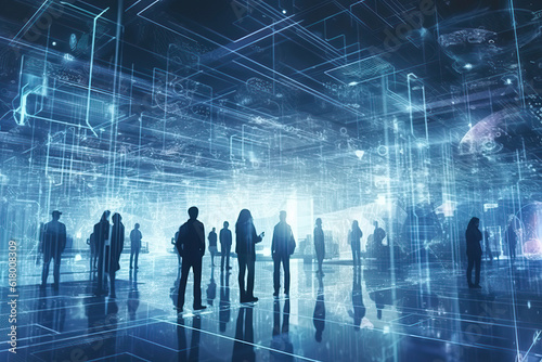 Group of business people engaged in a discussion in a modern data center, surrounded by servers. Illustrates network security and information technology management in a corporate setting