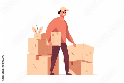 Generative AI. Moving concept. Cardboard boxes. Office relocation concept. man with boxes moving to new location. Cartoon style, trendy design. man moving home photo