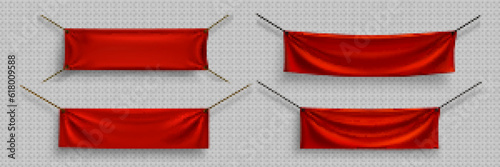 Blank red canvas banners mockup. Horizontal fabric flags, textile sheet hanging on ropes. Empty scarlet cloth placards with folds isolated on transparent background, vector realistic set