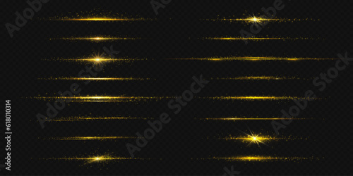 Gold line light glow with sparkle and flare shine. Horizontal golden neon streak effect isolated on transparent background. Magic flash laser strip divider with glitter shimmer design illustration