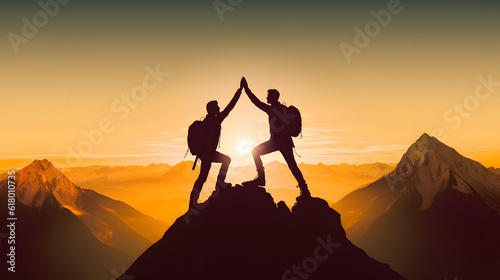 Accomplishment concept , with silhouette of two hikers giving high five on mountain top,
