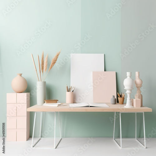 Pastel minimalistic table with decoration and blank art frames with copy space for designign photo