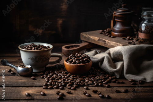 Beans & Brew: Coffee Cup amidst a Sea of Coffee Beans on a Wooden Table Generative AI