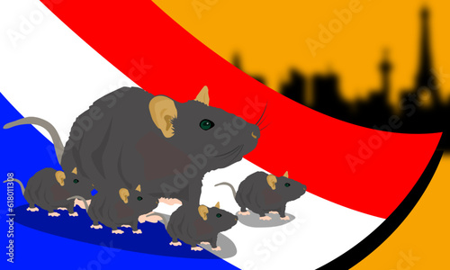 illustration of a rat standing on a french flag with a silhouette of a french city view. human and rats live together in paris problem
