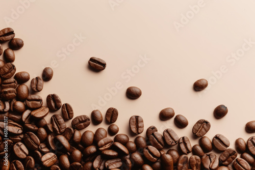 Blushing Beans: Coffee Beans on a Pale Pink Peach Background with Text Space Generative AI © illuminating images