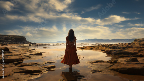 夕日の砂浜に立つ後ろ姿の女性