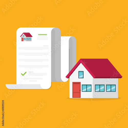 Real estate business document. Buy or rent house contract. Real estate document, mortgage documents. Vector illustration