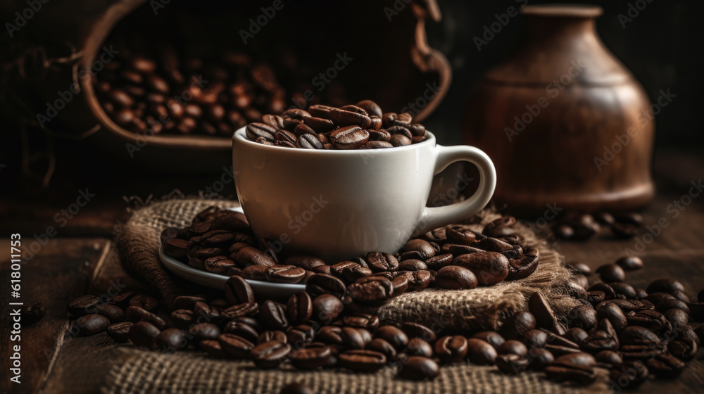 Beans & Brew: Coffee Cup amidst a Sea of Coffee Beans on a Wooden Table Generative AI Beans & Brew: Coffee Cup amidst a Sea of Coffee Beans on a Wooden Table Generative AI