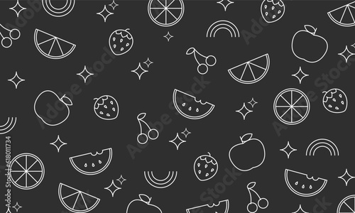 Hand drawn sketch mixed tropical fruits seamless summer pattern background vector format. fruits pattern shapes in doodle art and editable. seamless pattern with mixed fruits icons in thin line design