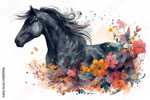 Murais de parede A painting a black horse head with colorful tropical flowers