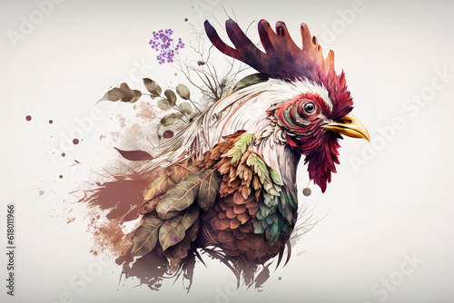 Image of a painting a rooster with colorful tropical flowers. Farm animals. illustration, Generative AI.