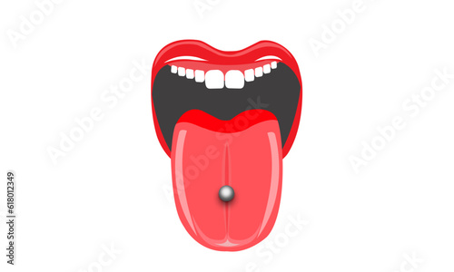 illustration of mouth and tongue pierced with one titanium silver, commonly called snake eye piercing
