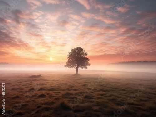 Misty Meadow Sunrise with Solitary Tree