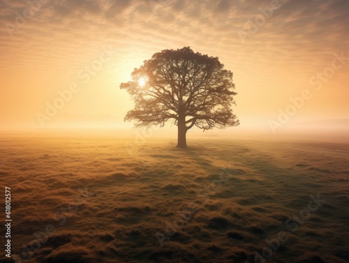 Misty Meadow Sunrise with Solitary Tree © dasom