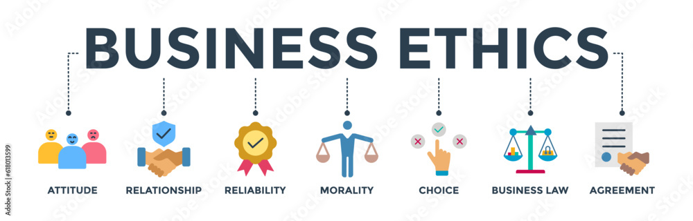 Business ethics banner web icon vector illustration concept with icon of attitude, relationship, reliability, morality, choice, business law and agreement Business ethics banner web icon vector illustration concept with icon of attitude, relationship, reliability, morality, choice, business law and agreement