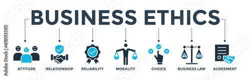 Business ethics banner web icon vector illustration concept with icon of attitude, relationship, reliability, morality, choice, business law and agreement