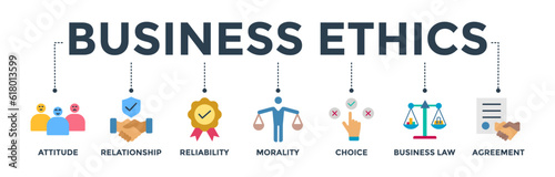 Business ethics banner web icon vector illustration concept with icon of attitude, relationship, reliability, morality, choice, business law and agreement