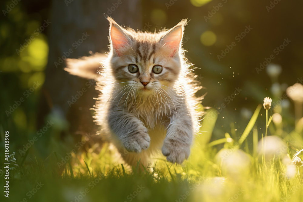 Cute playful kitten running across the lawn on a sunny summer day. Active pet playing on the green grass outdoors Cute playful kitten running across the lawn on a sunny summer day. Active pet playing on the green grass outdoors