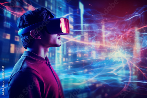 male wearing virtual reality headset, fully immersed in captivating virtual world. With VR headset securely in place, his hands rest on top of it, symbolizing connection