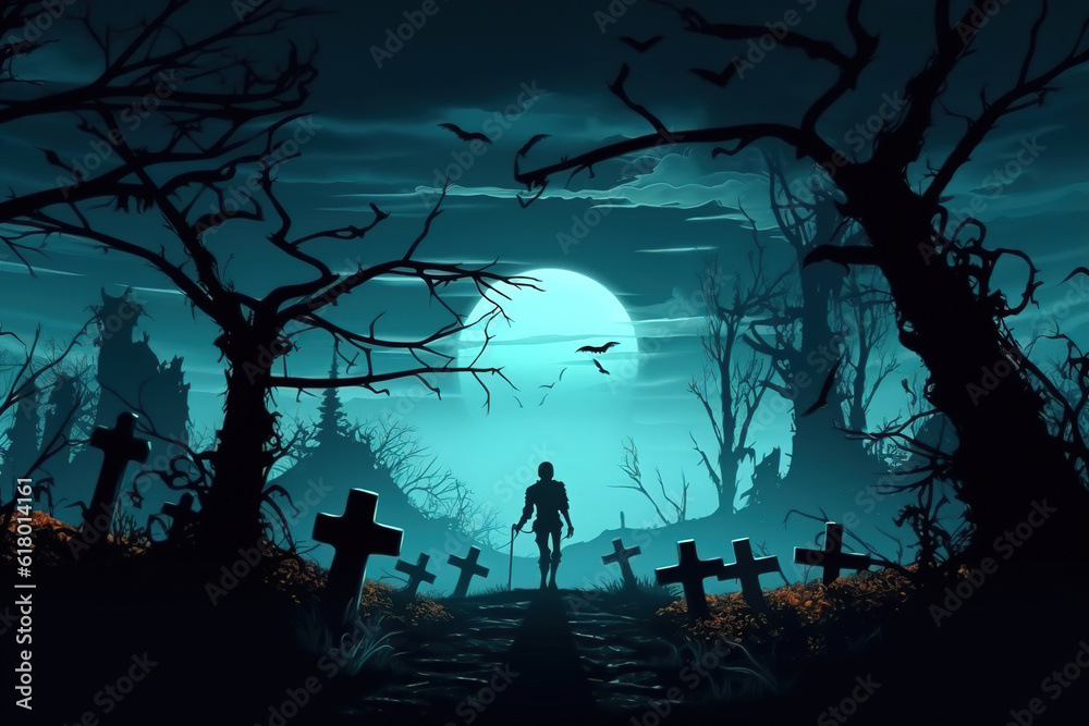 Halloween, graveyard silhouette and skeleton walking on background of moon. Mystical illustration