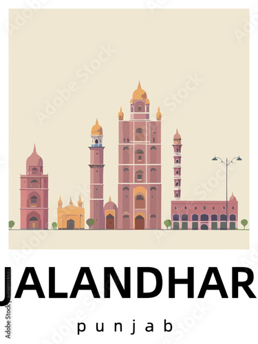 Jalandhar: Flat design illustration poster with Indian buildings and the headline Jalandhar in Punjab photo