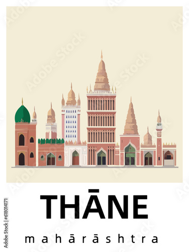 Thāne: Flat design illustration poster with Indian buildings and the headline Thāne in Mahārāshtra