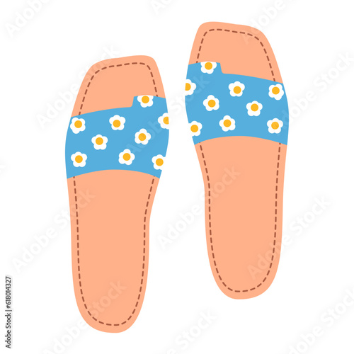Isolated female summer blue shoes with flowers. Stylish modern design flip flops. Flat hand drawn colorful vector illustration on white background.