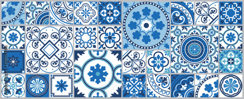 Tiling Mediterranean tile abstract geometric floral patterns. Traditional Portuguese culture, in blue and white. Editable vector illustration