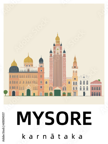 Mysore: Flat design illustration poster with Indian buildings and the headline Mysore in Karnātaka photo