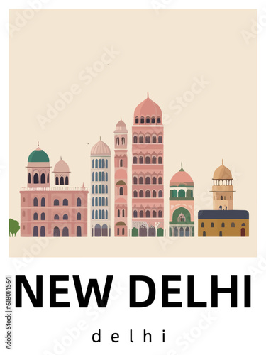 New Delhi: Flat design illustration poster with Indian buildings and the headline New Delhi in Delhi