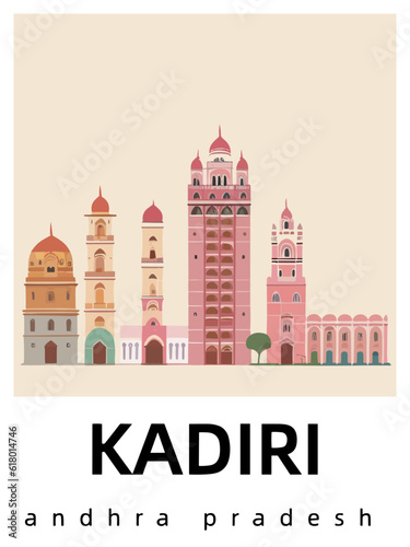 Kadiri: Flat design illustration poster with Indian buildings and the headline Kadiri in Andhra Pradesh photo