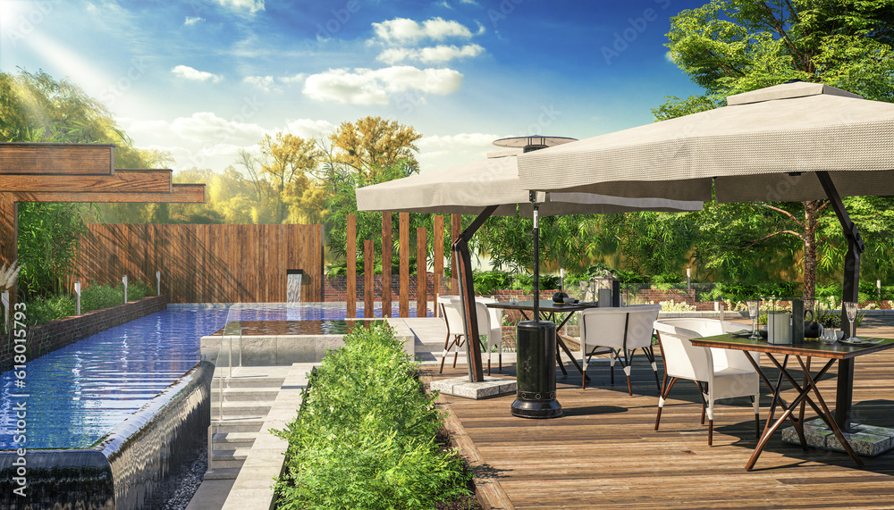 Swimming Pool & Restaurant Area with Outdoor Greening and Beautifull View - 3D Visualization