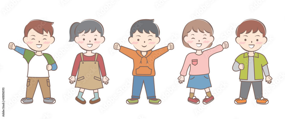 長袖の服を着た笑顔の子供たち 秋 春 全身 長袖の服を着た笑顔の子供たち 秋 春 全身