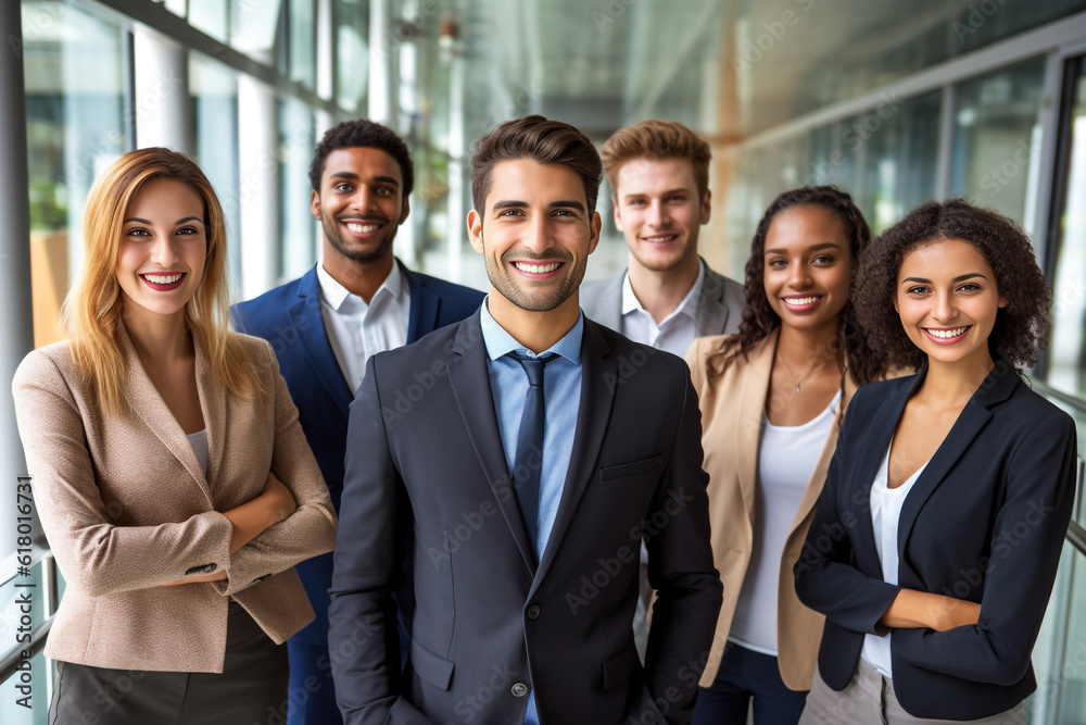 Embodying professionalism and confidence, black and white individuals strike powerful poses, symbolizing the strength and synergy of a dynamic corporate team. generative AI.