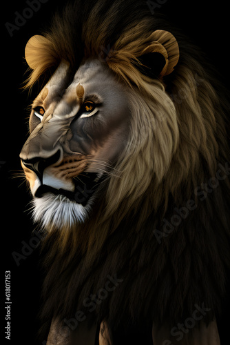 Image of a beautiful majestic lion against a black background. (AI-generated fictional illustration) 