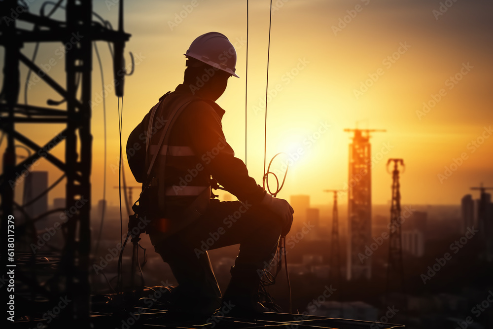 Silhouette workers construction the extension of high-voltage towers on blurred light