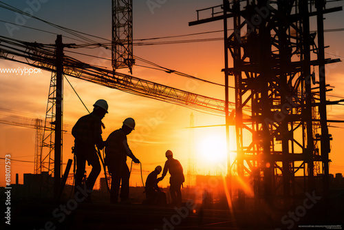 Silhouette workers construction the extension of high-voltage towers on blurred light