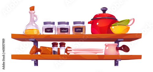 Kitchen shelf on wall with utensils and seasoning jars. Vector cartoon illustration of oil bottle, pepper, salt, sugar, oatmeal, quonoa containers, clean plates, bowls and cups. Home interior elements