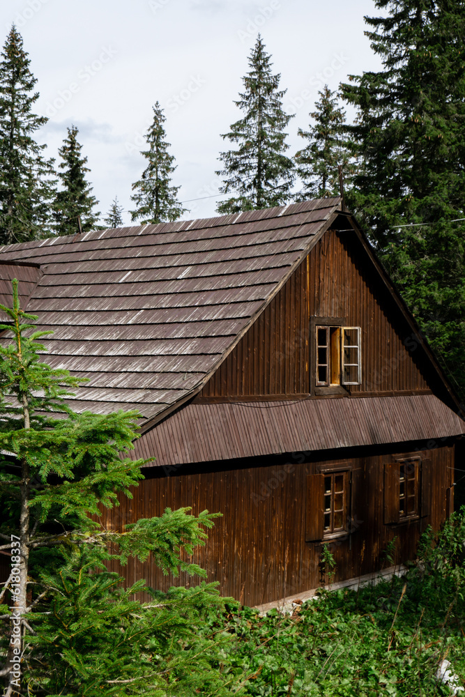 Old wooden house in Snowy mountains, green forests In National park Zakopane Poland. Mountain nature landscape. Blue sky. Travel outdoors green tourism concept Naturecore. Hiking wellbeing Old wooden house in Snowy mountains, green forests In National park Zakopane Poland. Mountain nature landscape. Blue sky. Travel outdoors green tourism concept Naturecore. Hiking wellbeing