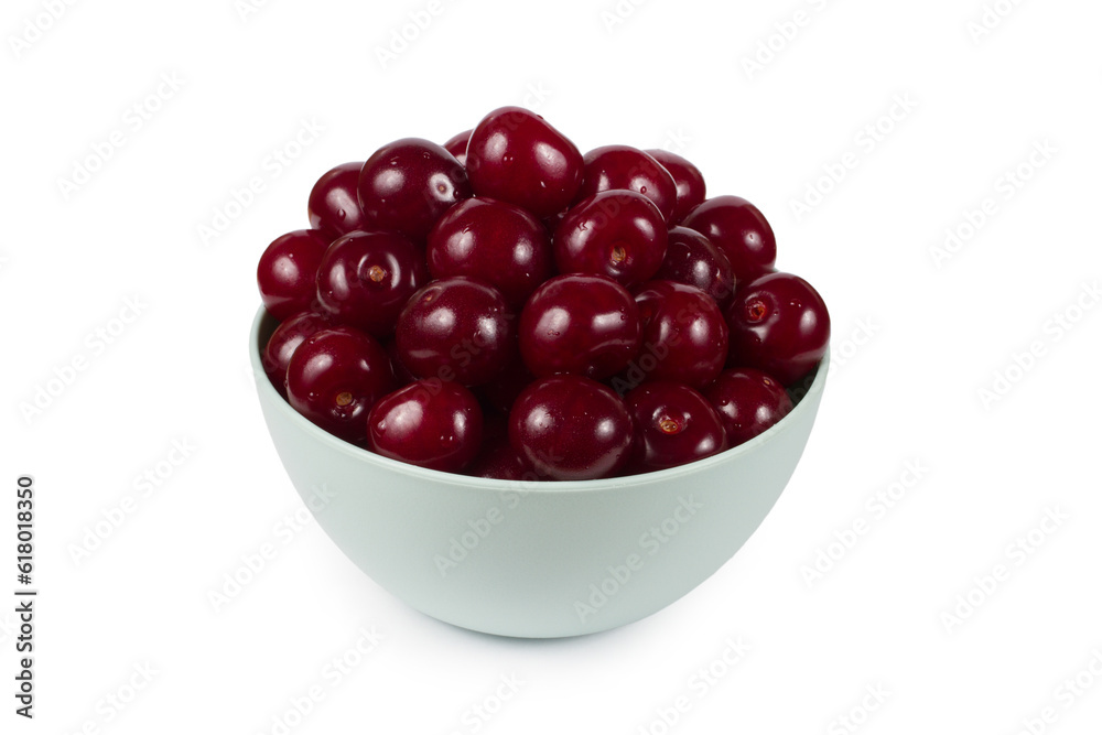 Bowl with ripe natural cherries on a white background. Natural organic cherries. Wet sweet cherries. Bowl with ripe natural cherries on a white background. Natural organic cherries. Wet sweet cherries.