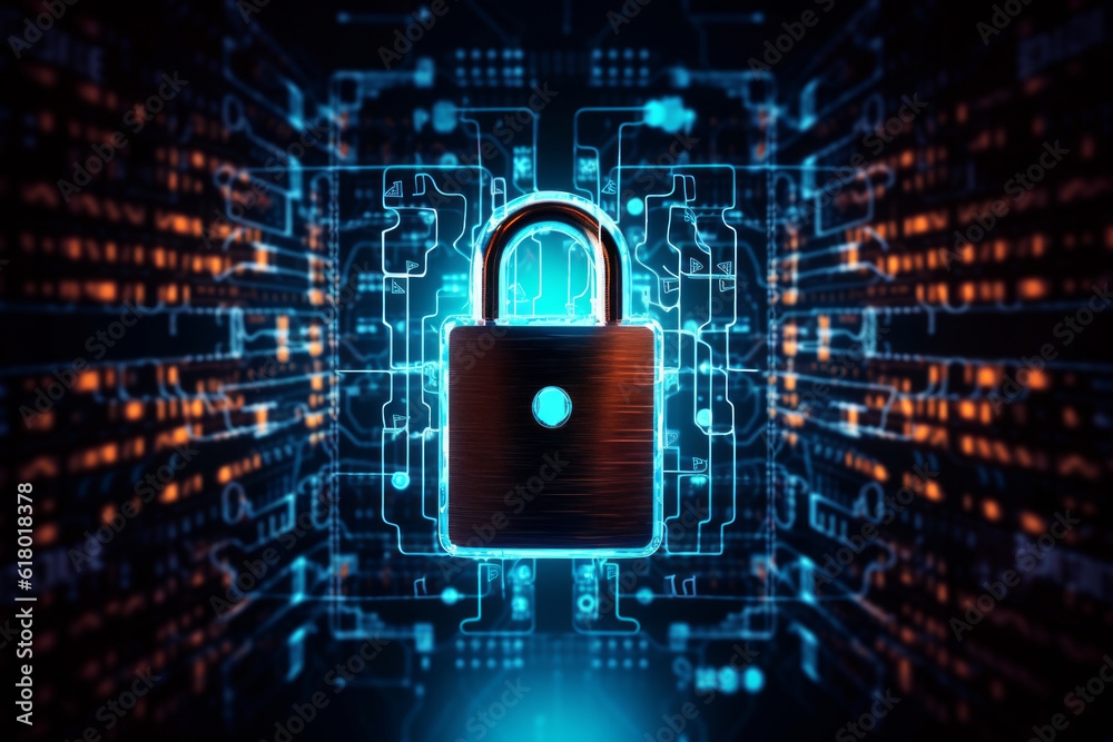 padlock placed prominently in midst of complex network, embodying concept of online security padlock placed prominently in midst of complex network, embodying concept of online security
