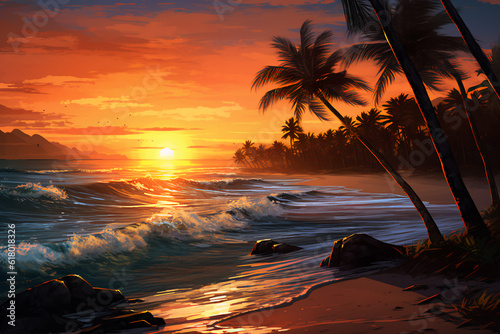 Beach with waves and palm trees at sunset