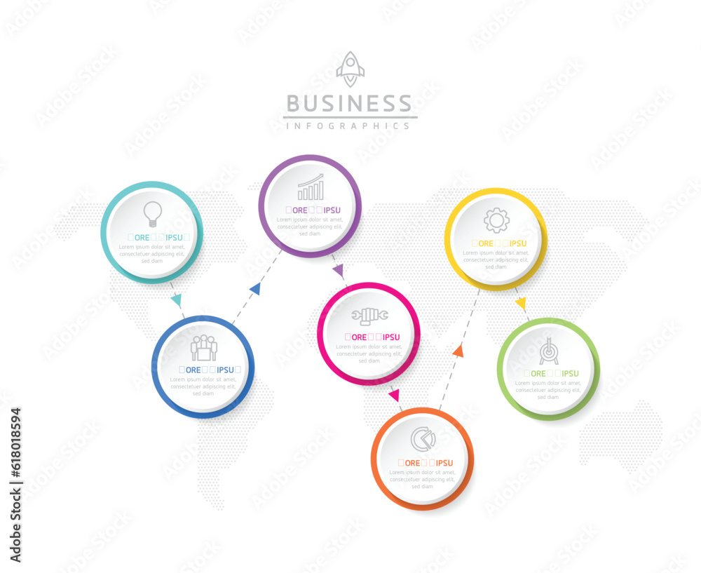 Naklejka premium Vector infographic business presentation timeline template with circular interconnection with 7 options.