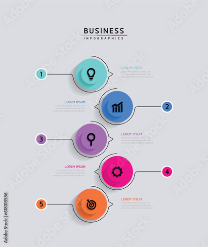Vector infographic business presentation timeline template with circular interconnection with 5 options.