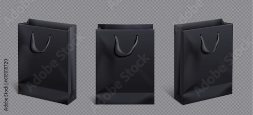 Black paper bag and satin handle vector mockup. Shopping package mock up to carry purchase front angle view icon merchandising design collection. 3d retail reusable branding merchandise illustration