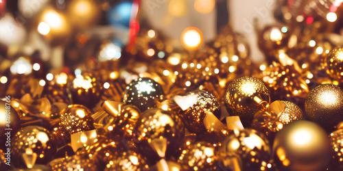 Christmas and New Year's gold background with Christmas tree balls, decor, banner for winter holiday. Generative ai © Vadim