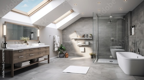 Modern bathroom interior with wooden decor . Spacious bathroom in gray tones freestanding tub  walk-in shower  double sink vanity and skylights. AI